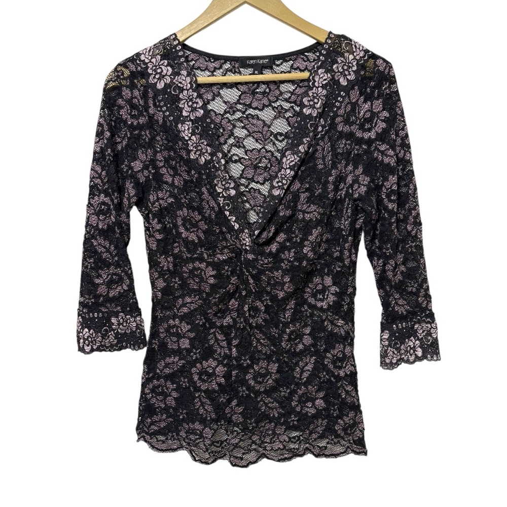 Karen Kane Size XL Black Purple Floral Lace Y2K Babydoll Top Whimsigoth Grunge